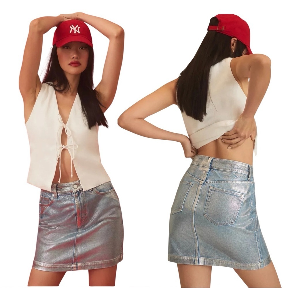 Pilcro by Anthropologie Metallic Coated Denim Mini Skirt Silver Blue - 2​